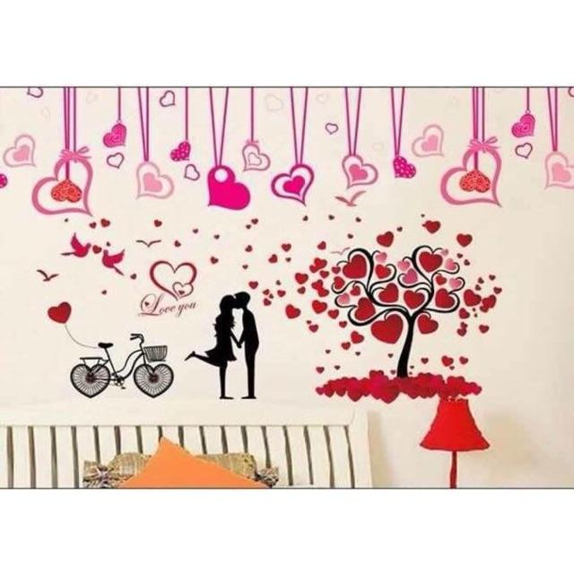 Bộ kết hợp 2 decal trang trí tường - Cây Tình Yêu và Dây Trái Tim Hồng