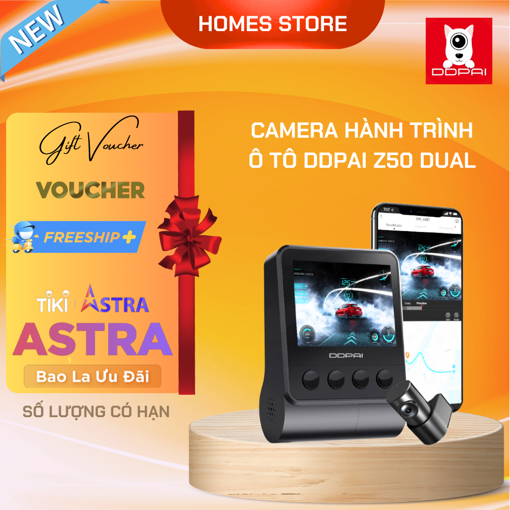 Camera Hành Trình Ô Tô DDPAI Z50 DUAL - Có Camera Sau Có Định Vị GPS Kết Nối WIFI Camera AI Thông Minh Độ Phân Giải 4K, Cảnh Báo Làn Đường, Giám Sát 24 Giờ, Hiển Thị Tốc Độ - Hàng Chính Hãng