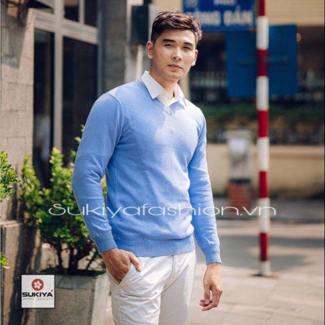 Áo len nam cổ tim xanh dương vnxk