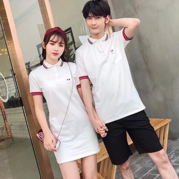 Áo đôi: Đầm thun Polo form suông và áo thun nam