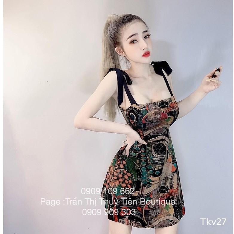 Đầm xòe họa tiết 2 dây cột nơ siêu hot kèm mút + Ảnh thật