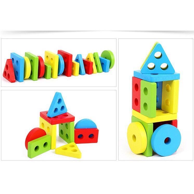 Bộ thả hình khối 6 cọc trụ bằng gỗ, đồ chơi trí tuệ cho bé học hình khối, học màu sắc