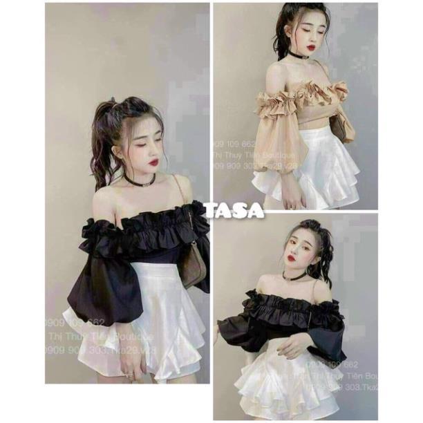 TSL-set áo tay phồng trễ vai chân váy có mút ngực đen, nâu chân váy trắng 2 tầng xòe bèo cực xinh TASA