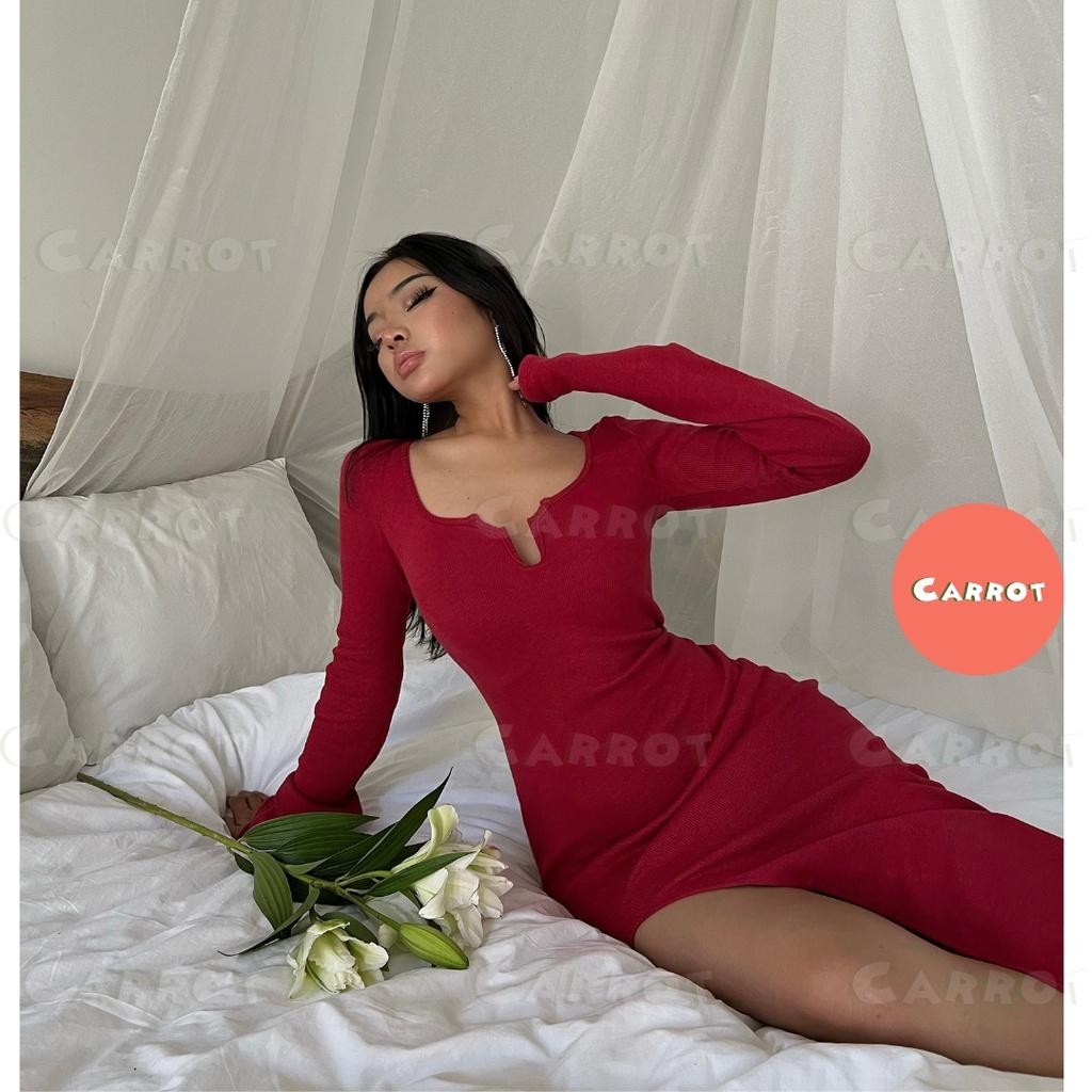 Đầm body tay dài đỏ đi tiệc sang chảnh tôn dáng khoét ngực sexy freesize chất co gĩan carrotxinhdep (60)