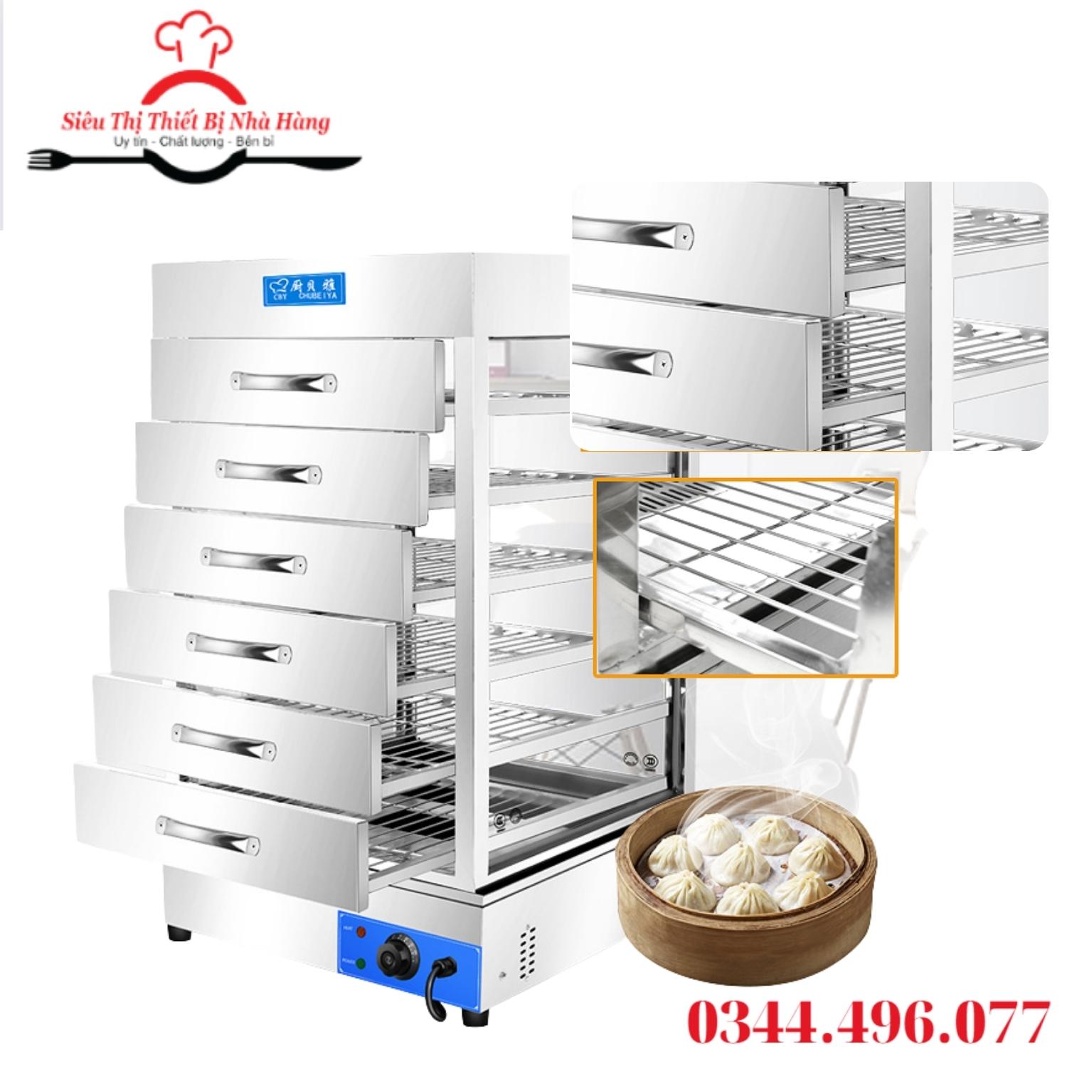 Tủ hấp nóng và trưng bày bánh bao dùng điện loại 7 tầng inox chắc chắn, không bị hấp hơi , đọng nước