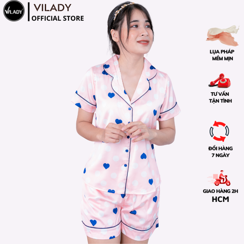 Bộ Đồ Pijama Nữ, đồ bộ Mặc Nhà Quần đùi tay cộc VILADY B152 Chất liệu Lụa Pháp (Lụa Latin) cao cấp Họa tiết Tim Bi Màu Hồng cam