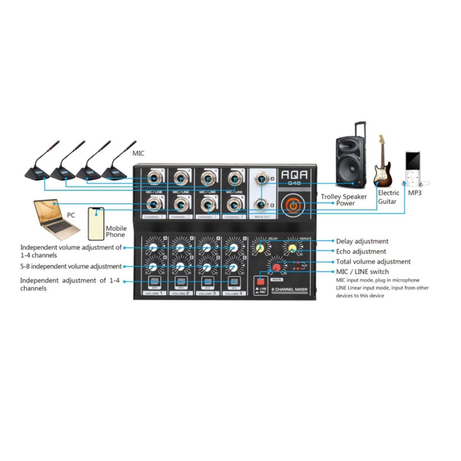 8 Channel Mixer USB Interface Podcast Equipment Live  Compact Mixer