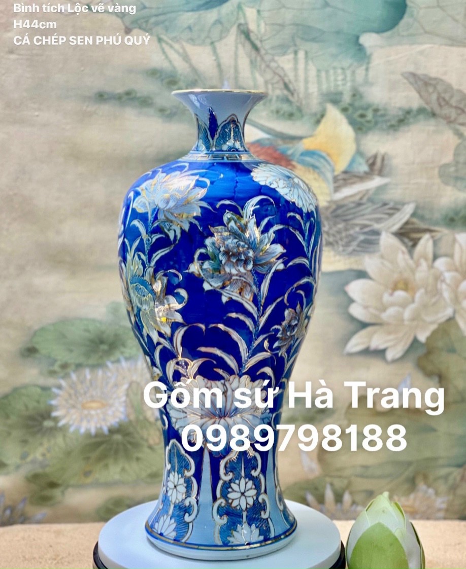 Mai bình tích lộc gốm sứ Bát Tràng cao cấp vẽ vàng 24K hoạ tiết cá chép sen phú quý cao 44cm