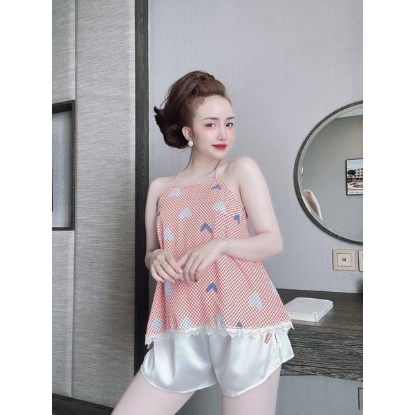 Đồ Ngủ bigsize Sexy Nữ, Bộ Ngủ Lụa 2 Dây Nữ, áo kiểu yếm mango viền ren + quần satin, freesize 40_70kg, tuỳ chiều cao