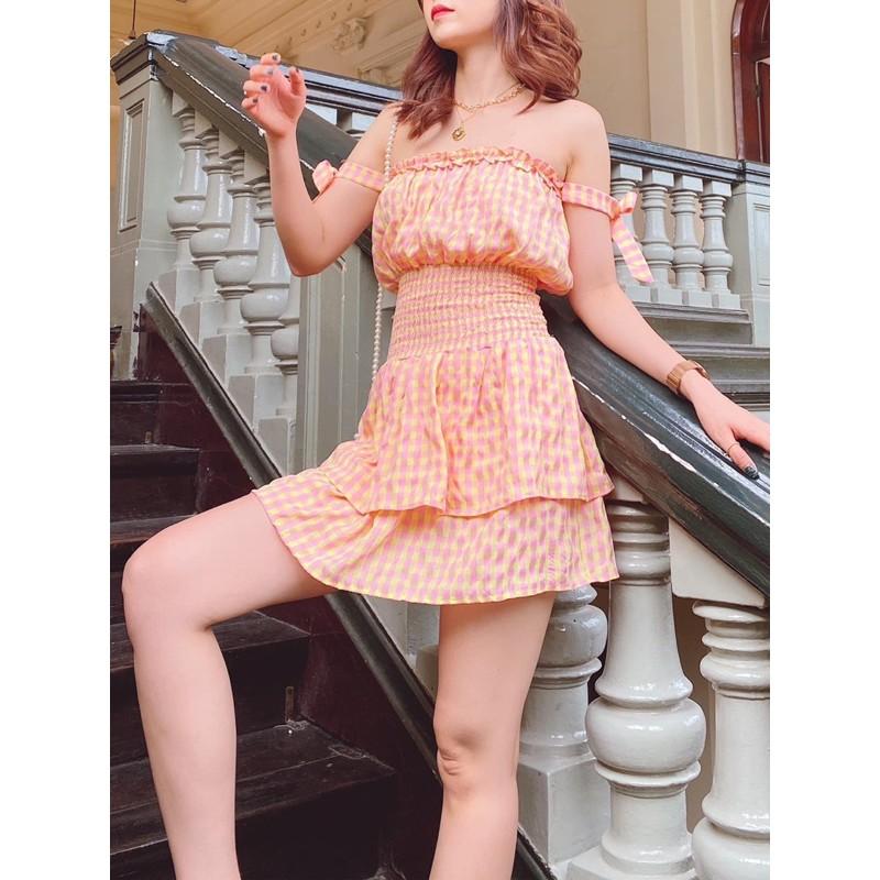 Đầm caro cam bo thun eo