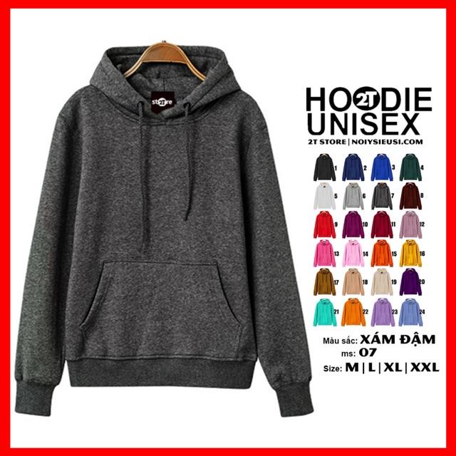 Áo hoodie unisex 2T Store H07 màu xám đậm khoác nỉ chui đầu nón 2 lớp dày dặn đẹp chất lượng