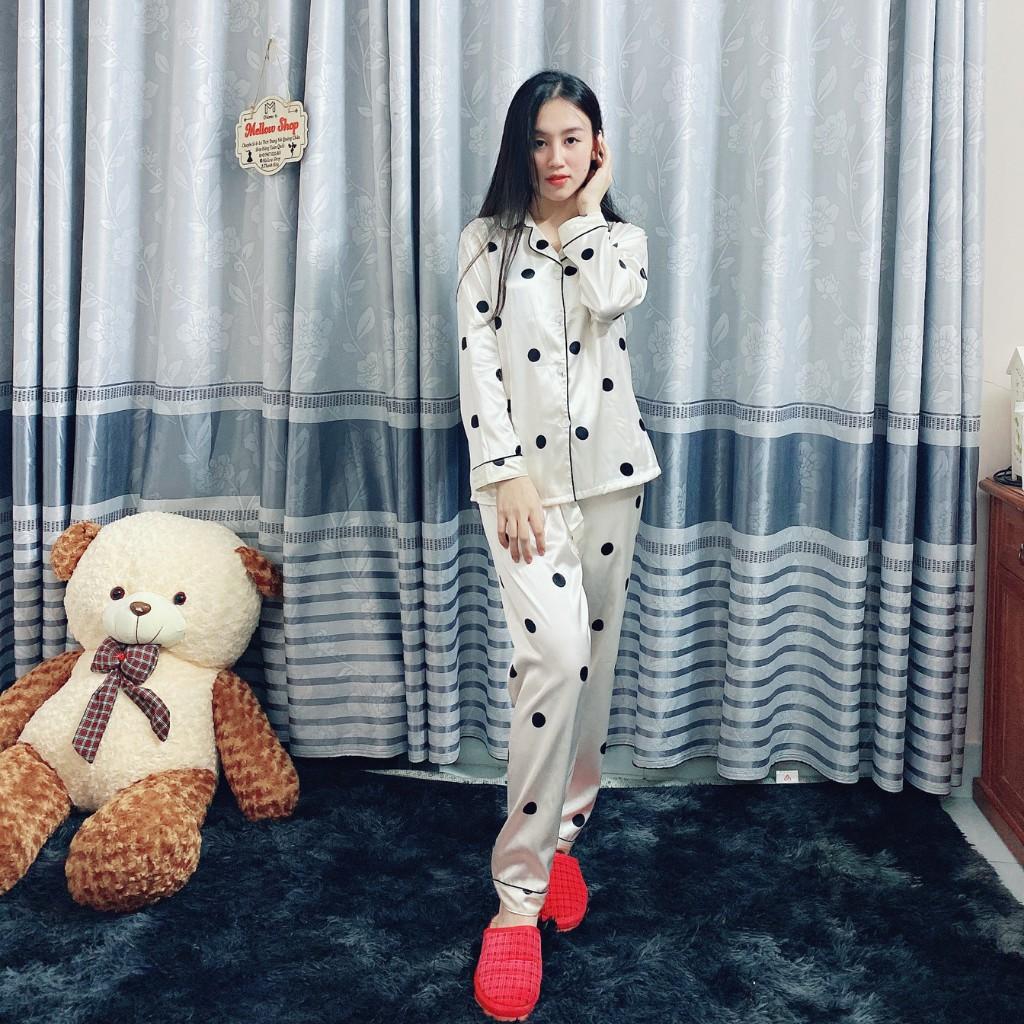 Bộ đồ ngủ, bộ ngủ nữ pijama lụa cao cấp Quảng Châu dài tay họa tiết trẻ trung