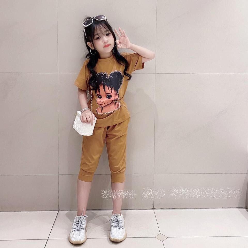 Bộ quần áo bé gái cô gái tóc xù thun cotton 4 chiều cho bé từ 8kg đến 35kg
