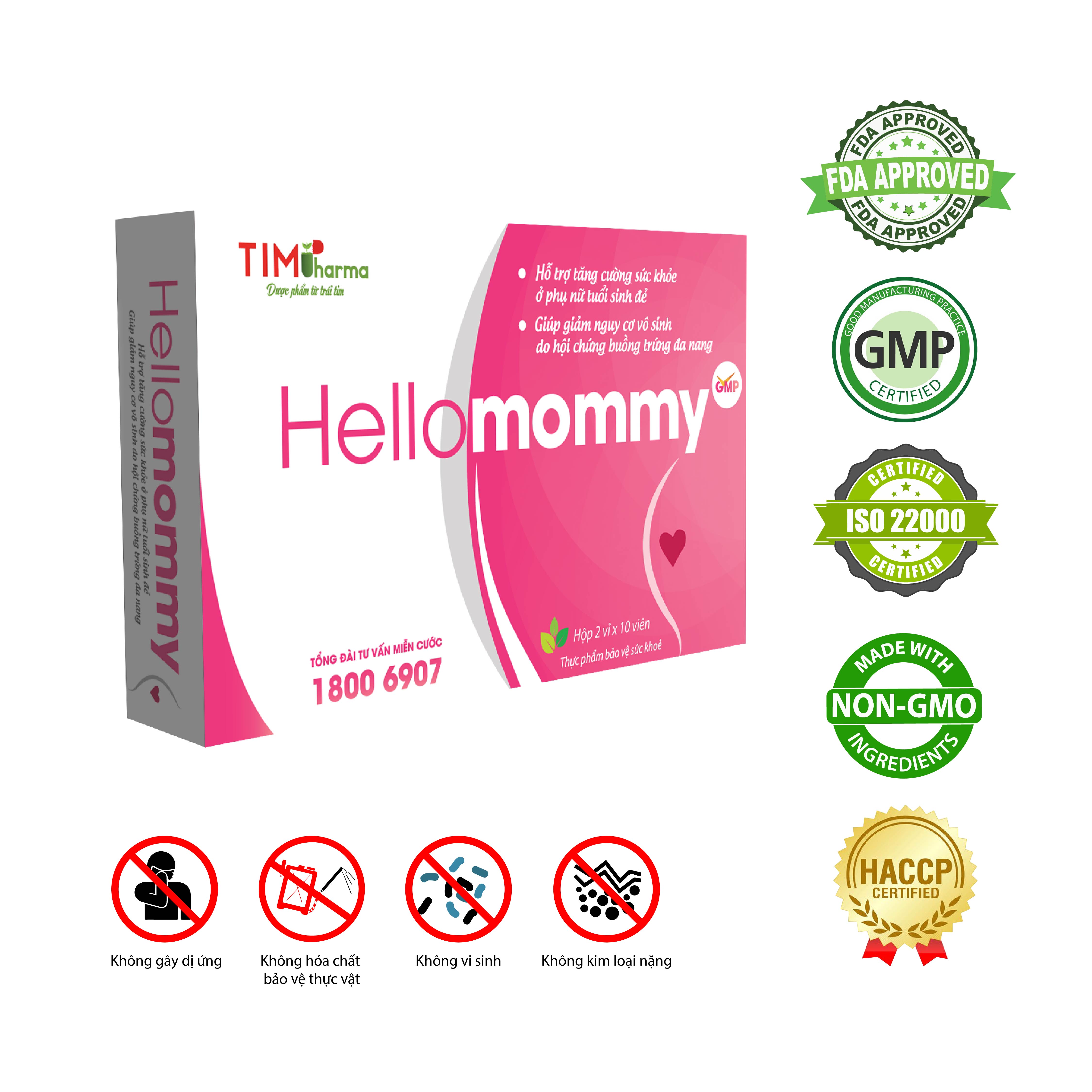 TPBVSK HELLO MOMMY – Giúp hỗ trợ phụ nữ ở tuổi sinh đẻ. Giúp giảm nguy cơ vô sinh do buồng trứng đa nang