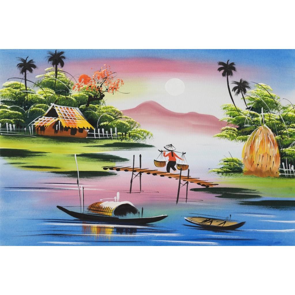 Tranh dán tường làng quê Việt Nam - vải lụa kim tuyến