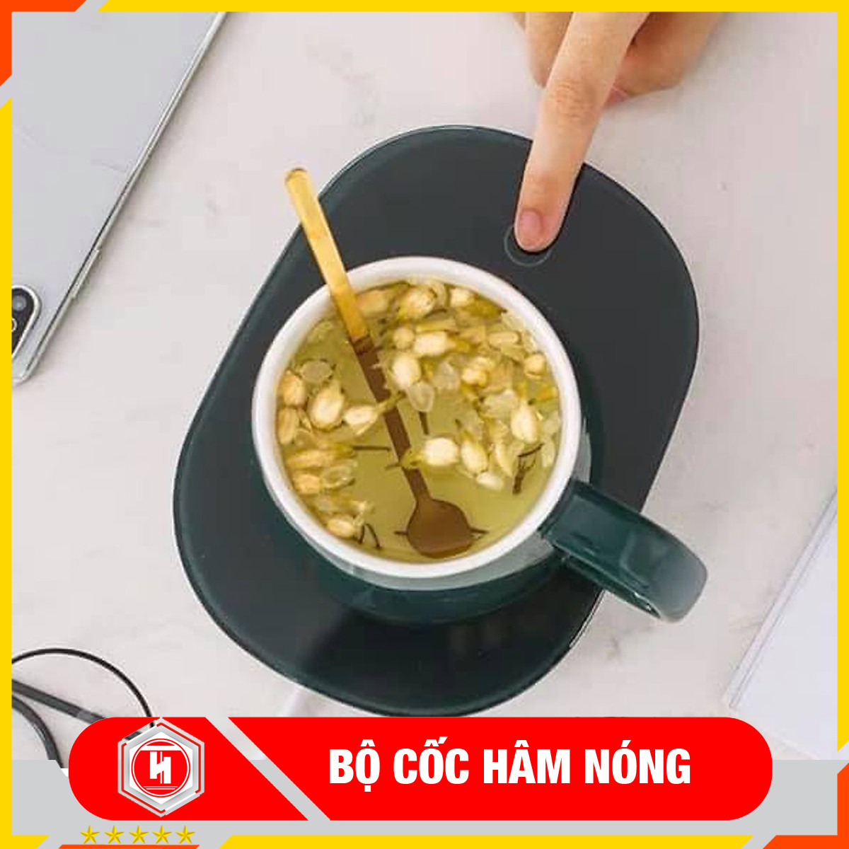 Bộ cốc hâm nóng đồ uống - HT SYS - Hâm nóng cafe, sữa, cháo... Chất liệu gốm sứ - Màu Xanh - Họa tiết chữ giao ngẫu nhiên