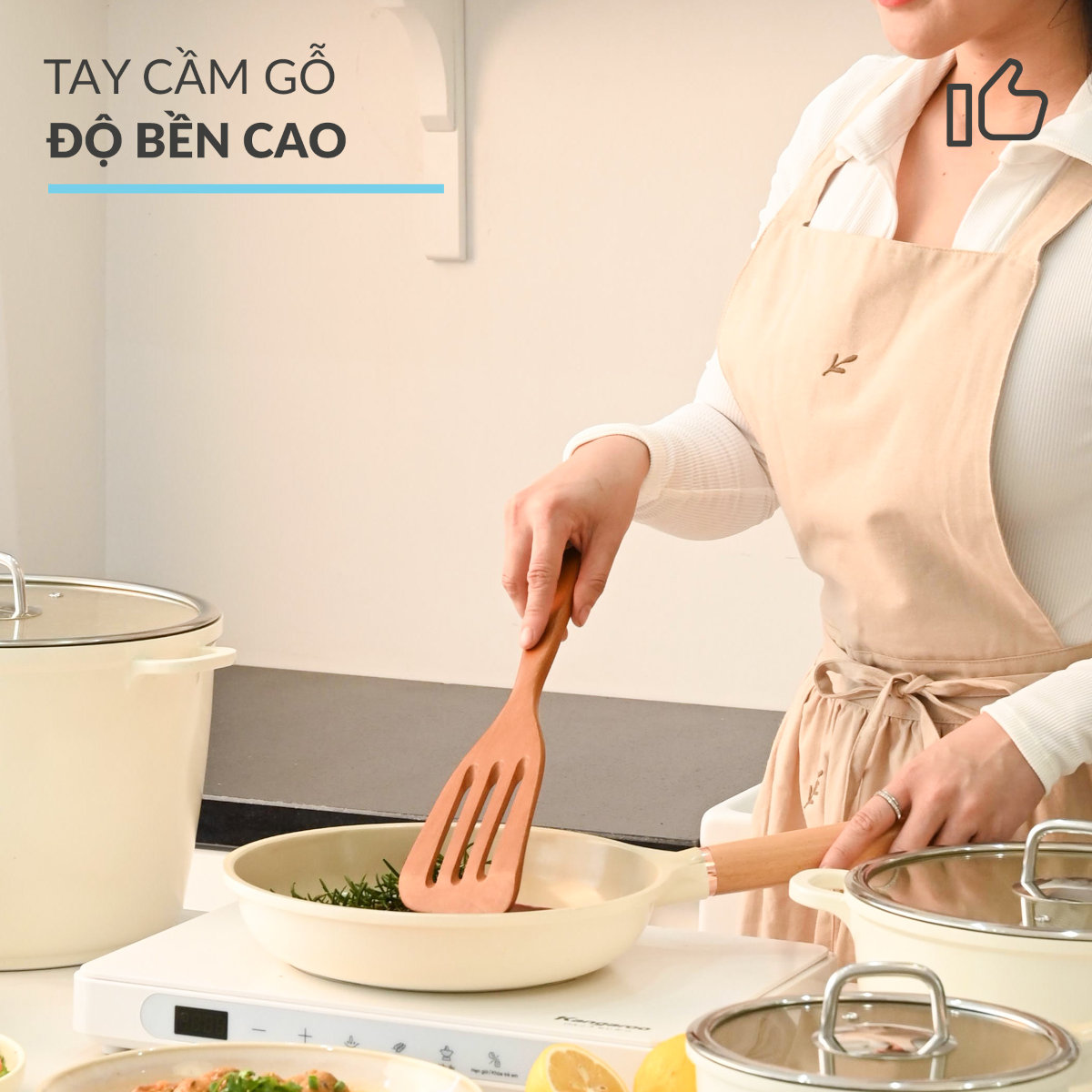 Chảo chiên chống dính phủ gốm Hàn Quốc size 24cm cán gỗ đáy từ