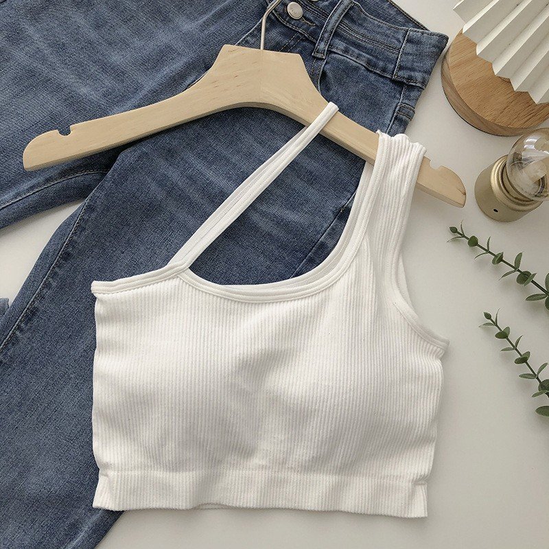 Áo hai dây quai chéo dáng croptop có đệm ngực, bra gân tăm hot hit có mood ngực thời trang