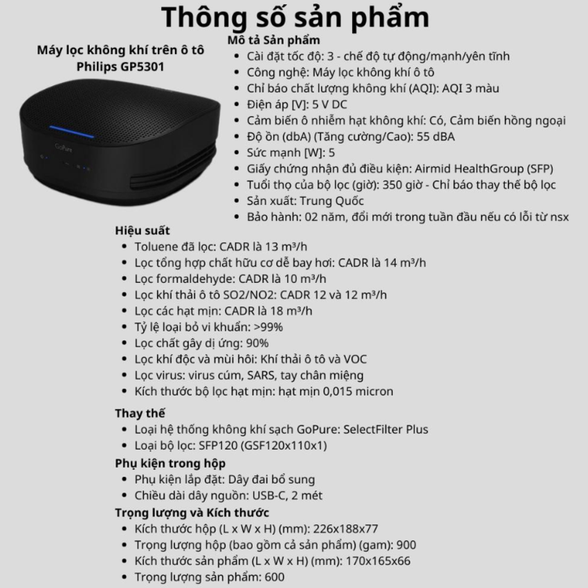 Máy khử mùi, lọc không khí trên xe ô tô Philips GP5301 - Cảm biến chất lượng không khí: 3 màu AQI  - HÀNG NHẬP KHẨU