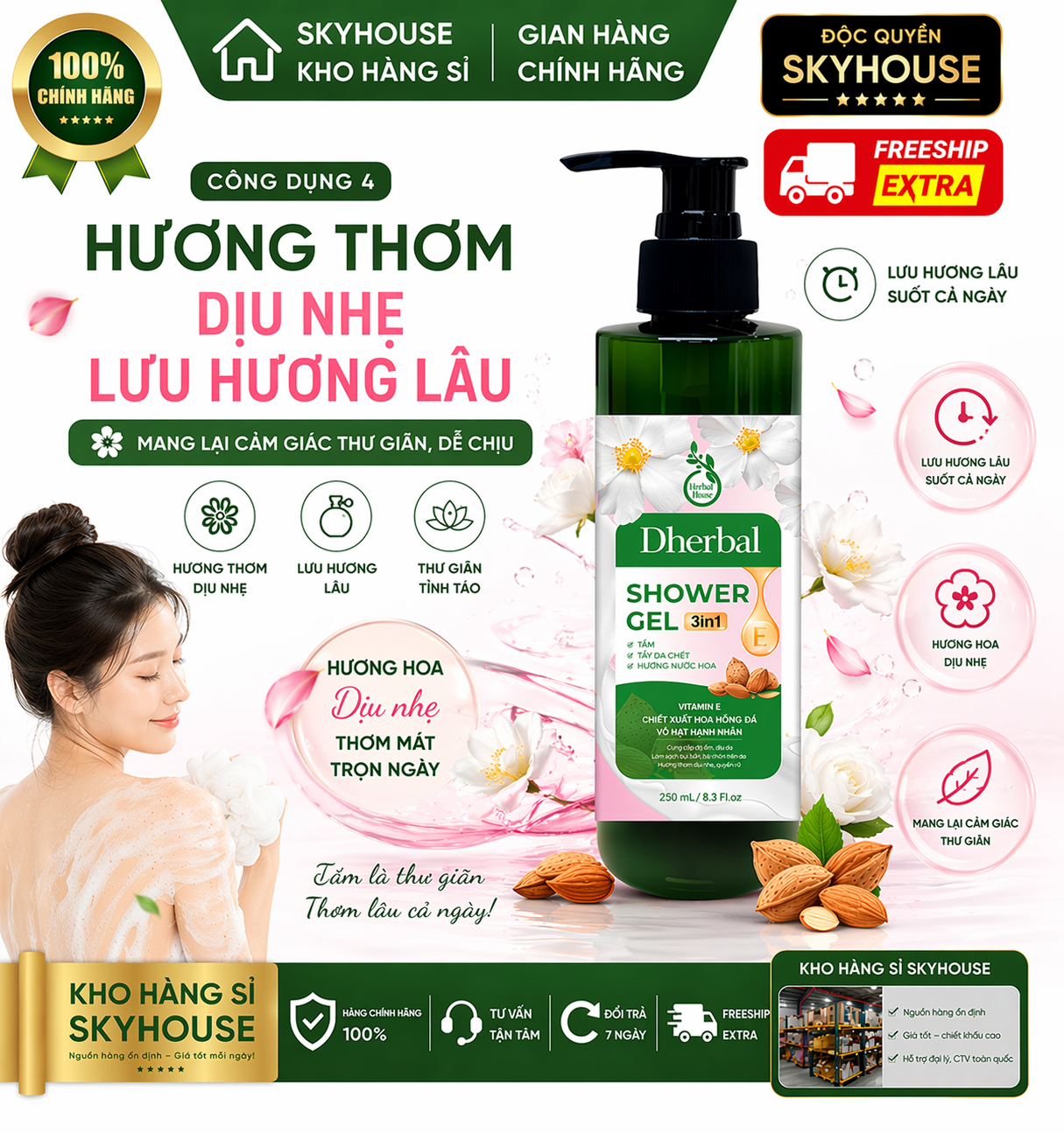 Sữa tắm trắng da 3in1 thiên nhiên độc quyền DHERBAL chai 250ml sữa tắm dưỡng ẩm thơm lâu chính hãng
