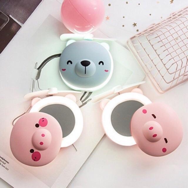 Gương đèn quạt sạc usb 3in1 hình heo  siêu cute