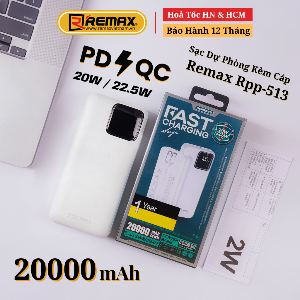 Sạc Dự Phòng 20000mAh Remax RPP-513 Tích Hợp 2 Cáp Sạc Nhanh TypeC và Lighning PD 22.5W - Hàng Chính Hãng Remax