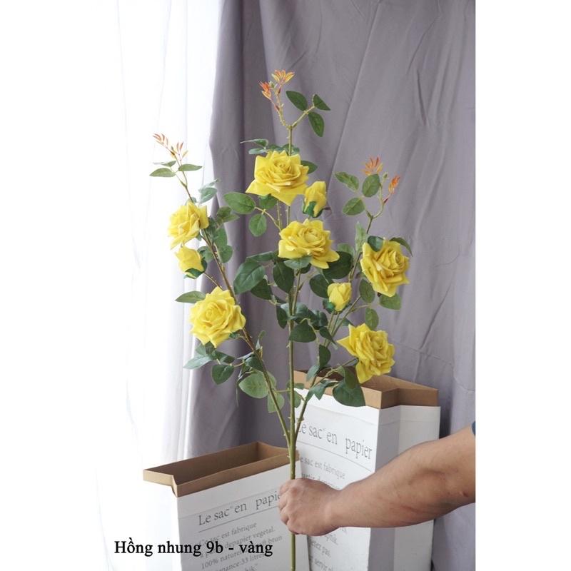 Cành hoa Hồng Nhung 9 bông cao cấp nhập khẩu 1m- Hoa giả trang trí