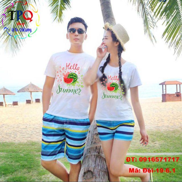 Đồ đôi đi biển mẫu mới đẹp sang chảnh quần sọc xanh áo in họa tiết dưa hấu hello summer ( giá 1 bộ gồm 1 quần +1 áo)