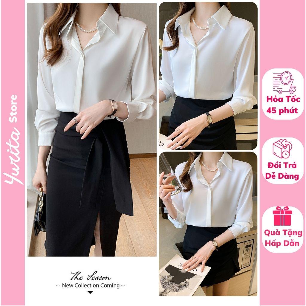 Áo Sơ Mi Nữ Công Sở Màu Trắng Cổ ĐứcYURITA Kiểu Hàn Quốc Vintage Ulzzang Form Rộng Dài Tay Đẹp Chất Lụa Cao Cấp A2T