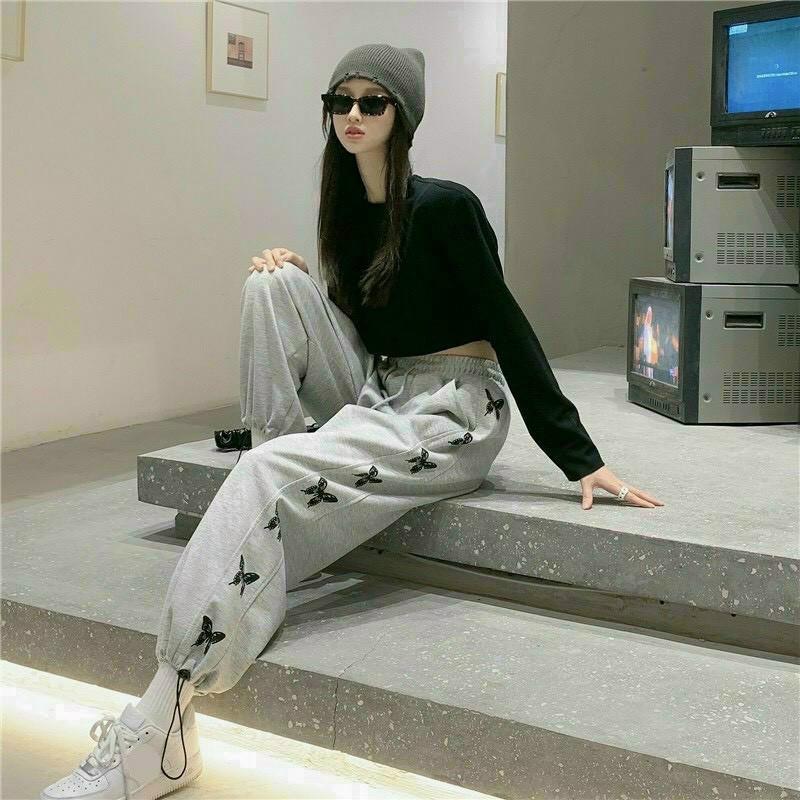 Quần Jogger Nỉ Rút Dây In Hình Cánh Bướm Hottrend 2021 2 Màu Cơ Bản, Quần Dài Thể Thao Dây Rút Trẻ Trung Thời Trang Nữ