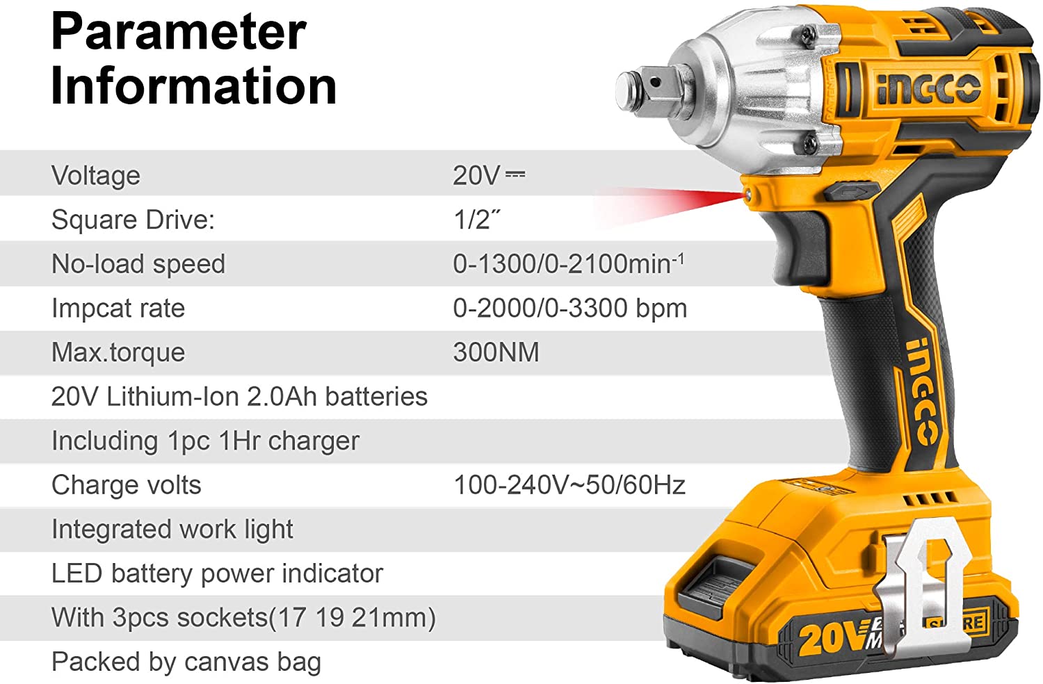 Máy siết bu lông motor không chổi than INGCO CIWLI2001 dùng pin 20V, lực siết 300Nm.