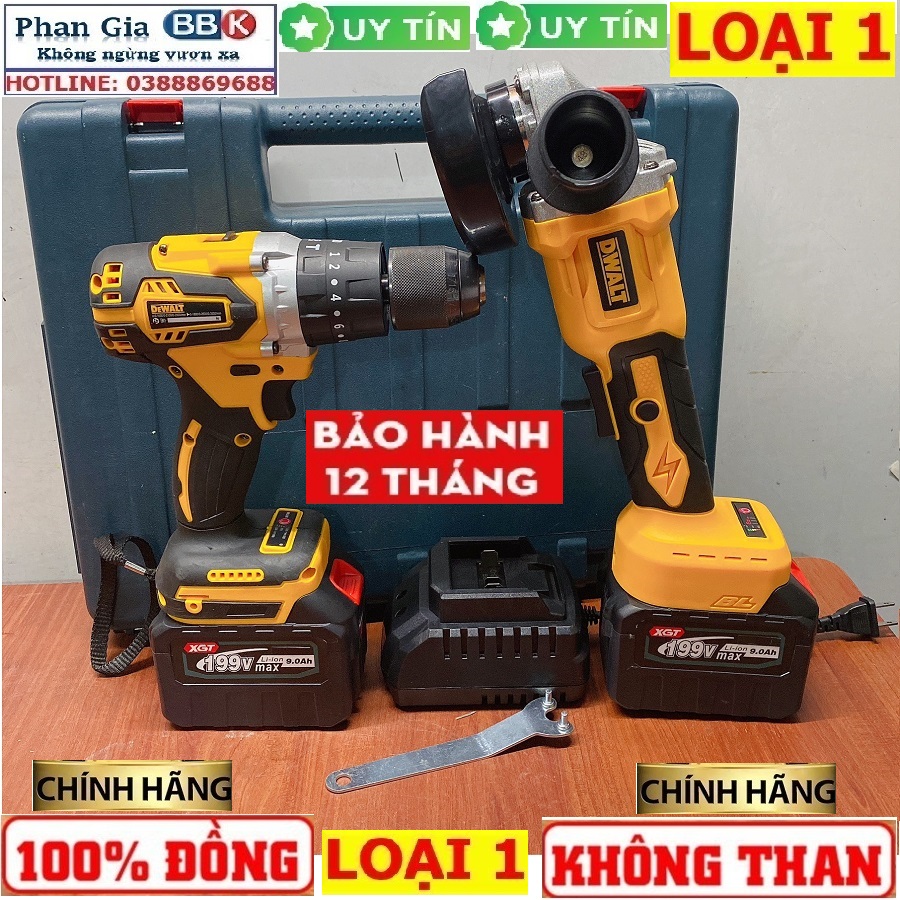 Bộ Combo 2 Trong 1 Gồm Máy Khoan Pin Và Máy Mài Pin 199V - Động Cơ Không Chổi Than Pin 15 Cell - Bảo Hành Chính Hãng