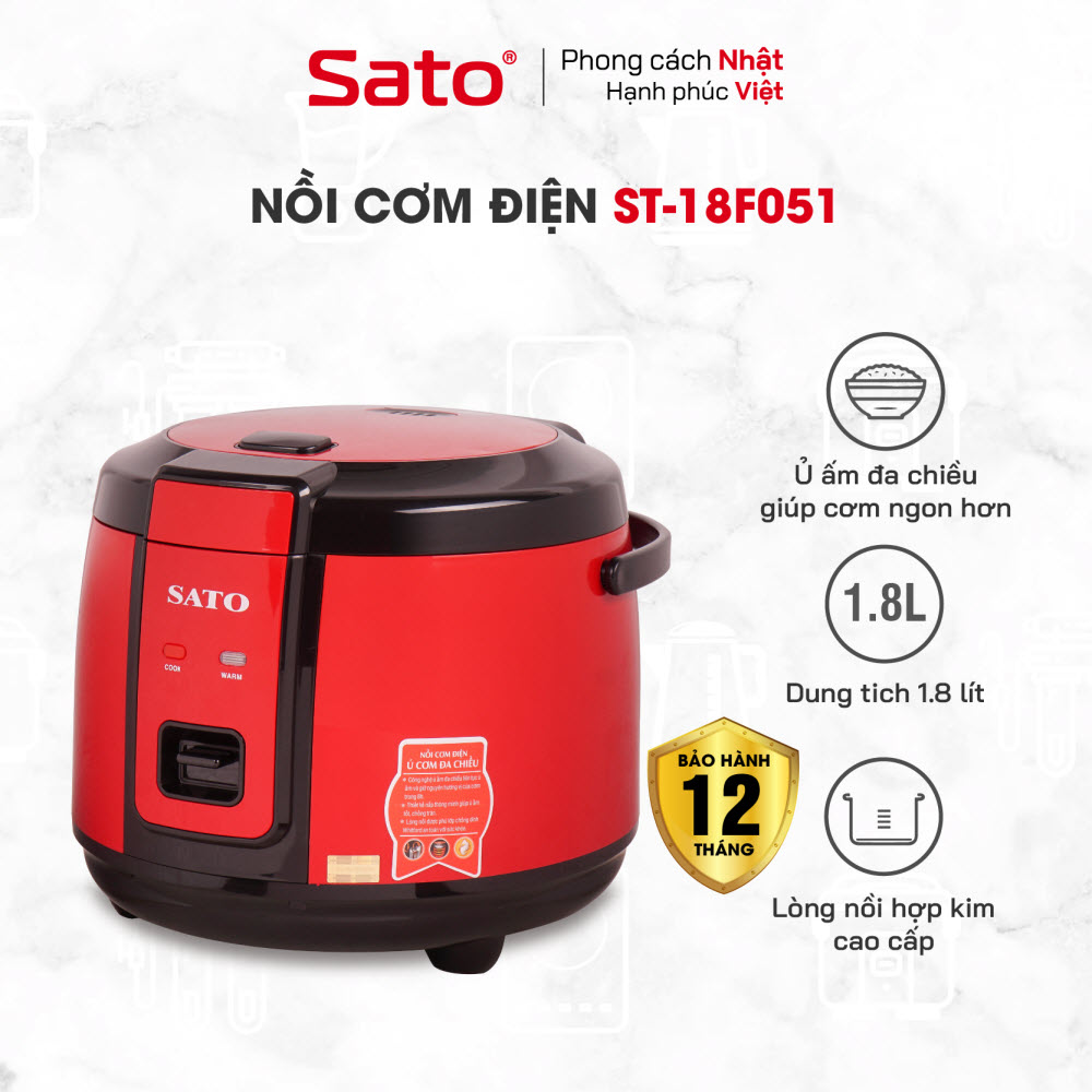 Nồi Cơm Điện SATO 18F051 1.8L - Thiết kế kiểu dáng bắt mắt, hiện đại, nấu cơm dẻo ngon, chín nhanh - Miễn phí vận chuyển toàn quốc - Hàng Chính Hãng