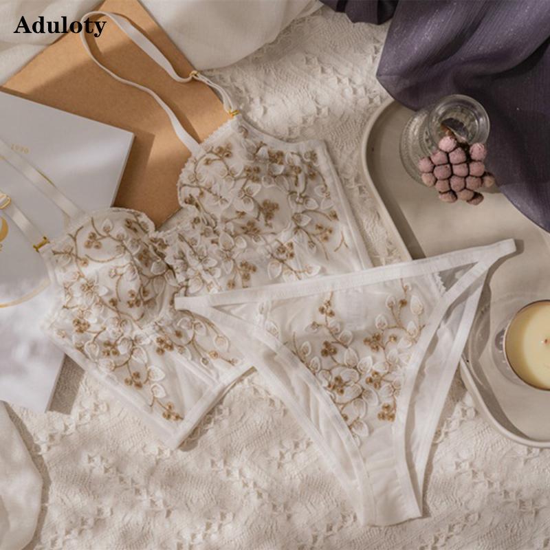 Áo Lót Nữ Thêu Hoa Áo Bralette Ren Mỏng Áo Ngực Và Quần Lót Bộ Sexy Màu Trắng Cổ Tích Rộng Ngực Điều Chỉnh Quần Lót