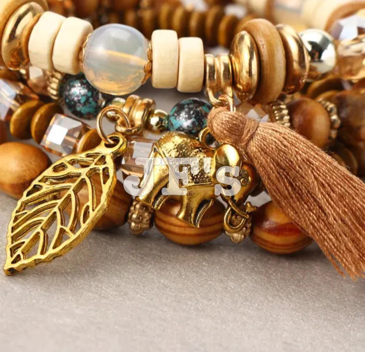 Vòng tay vintage mặt lá dây tua voi, phong cách dân tộc quyến rũ cổ điển, vòng tay cườm dây đàn hồi