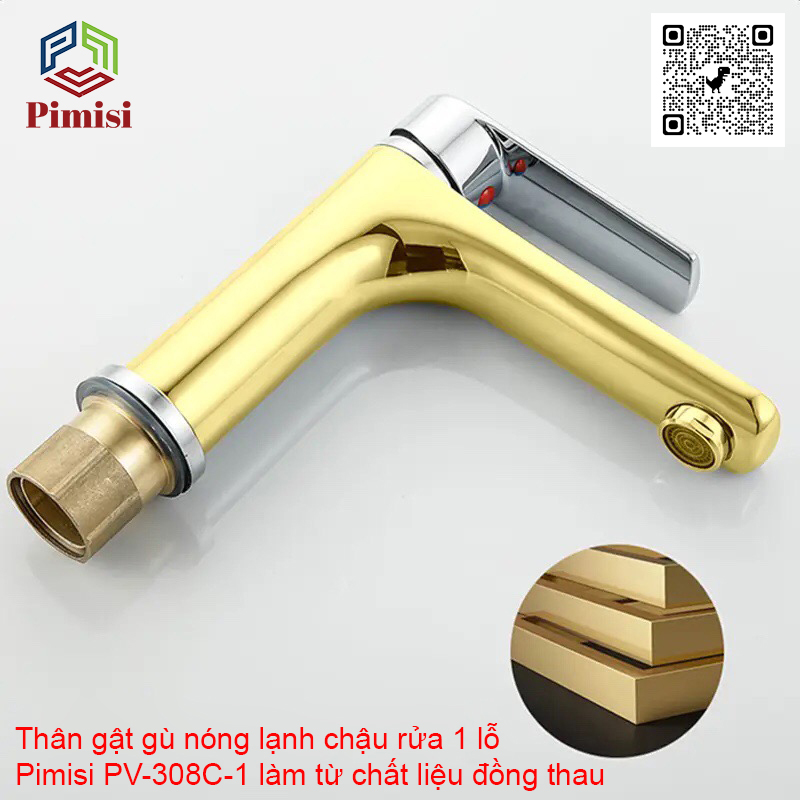 Gật Gù Nóng Lạnh Pimisi PV-308C-1 Dài - Rộng 17 cm, Mạ Xi Sáng Bóng, Dùng Cho Chậu Rửa Mặt 1 Lỗ Ở Nhà Vệ Sinh - Vòi Lavabo Gắn Trên Bồn Chậu Rửa Treo Tường Hay Lavabo Mặt Bàn Đá, Với Đầy Đủ Phụ Kiện Xi Phông Và Dây Cấp Nước | Hàng Chính Hãng