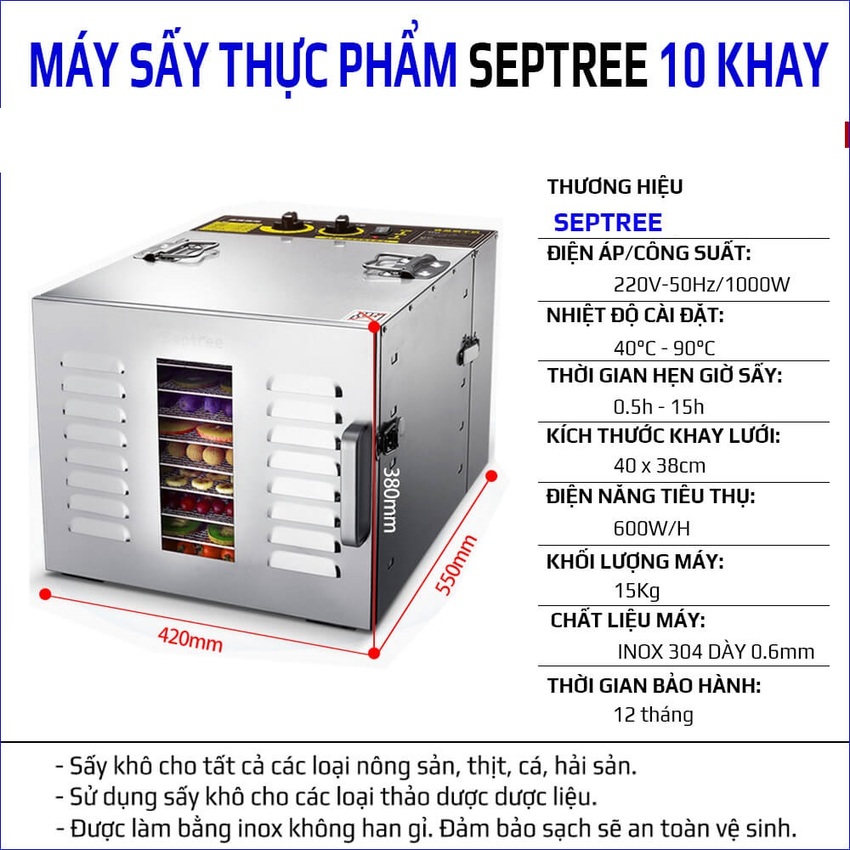 Máy sấy thực phẩm chuyên nghiệp dung tích lớn 59 lít, 10 khay. Thương hiệu Mỹ Septree cao cấp ST-01 - HÀNG CHÍNH HÃNG