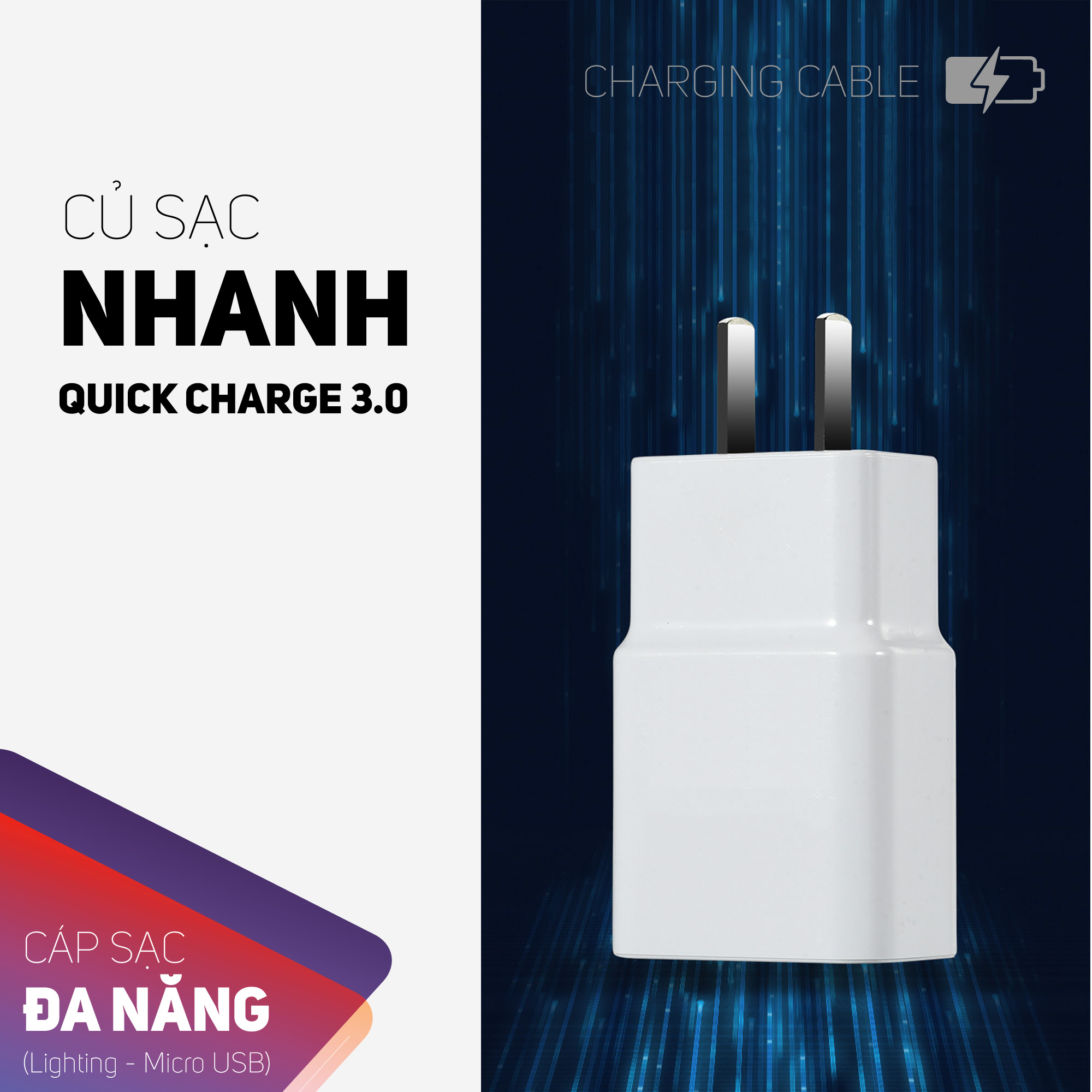 Bộ cáp sạc Lighting kèm theo củ sạc Quick charge 3.0,dây được bọc vải chắc chắn chọn màu ngẫu nhiên,củ sạc và cáp sạc nhanh tiện lợi có thể sạc hầu hết các dòng điện thoại trên thị trường