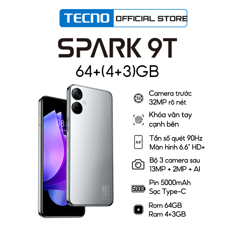 Điện thoại thông minh Tecno Spark 9T 4GB/64GB - Camera selfie 32MP - Hàng Chính Hãng