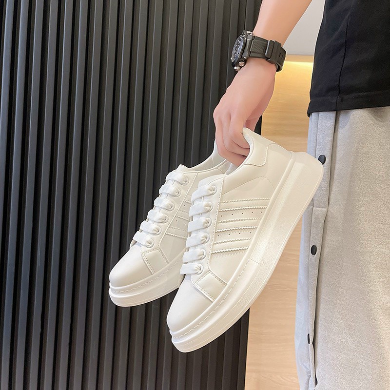 Giày Sneaker Đế Cao Nam Nữ màu trắng sang, đủ size từ 36 đến 43 khâu mũi phối sọc thời trang