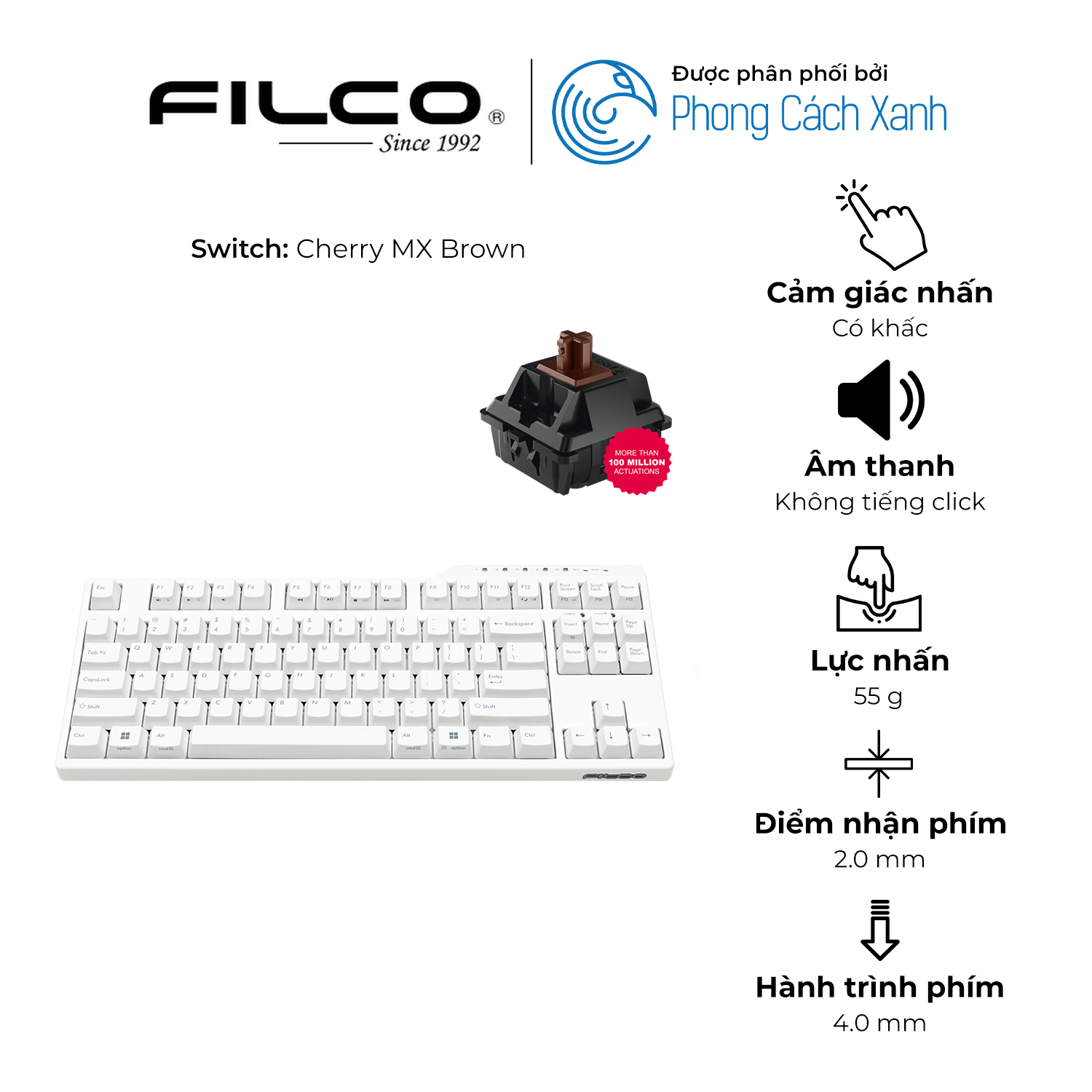 Bàn phím cơ không dây Filco Majestouch Convertible 3 Hakua Fullsize/Tenkeyless - Hàng Chính Hãng