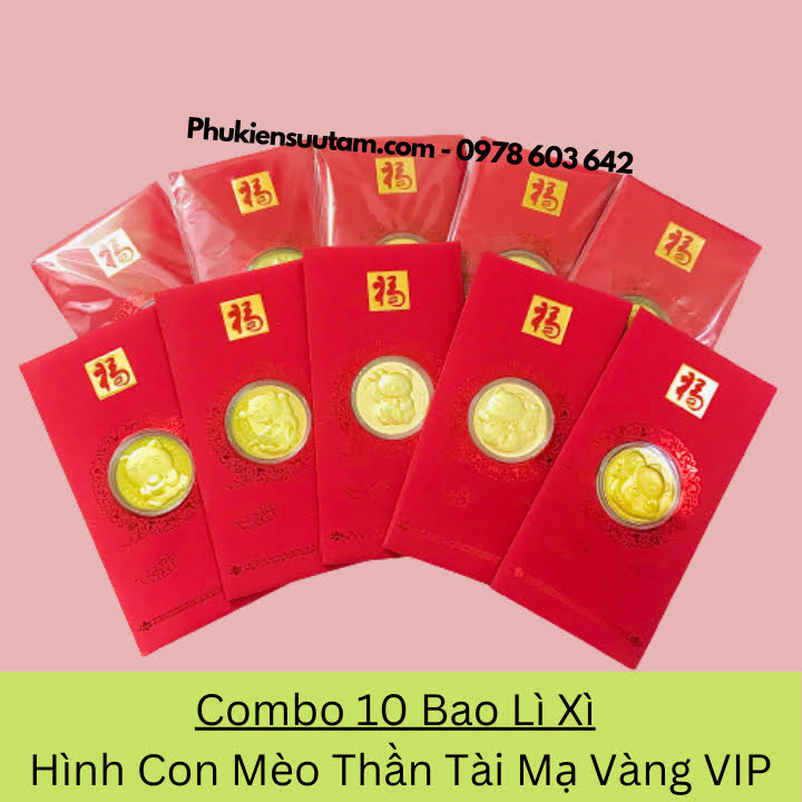 Combo 10 Bao Lì Xì Hình Con Mèo Thần Tài Mạ Vàng VIP, kích thước: 17cmx8cm, màu đỏ - SP005924