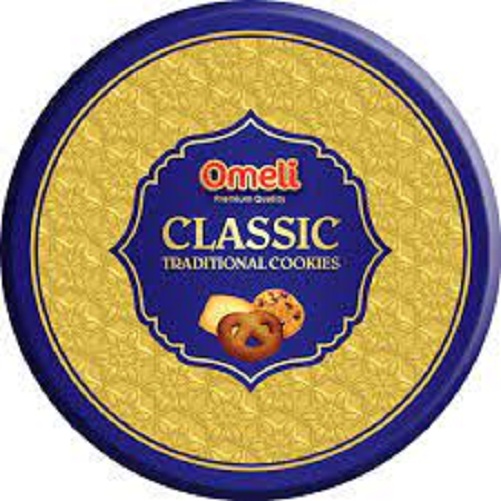 Bánh Cookies Omeli Classic màu xanh - Hộp thiếc tròn 362g (Có túi xách)