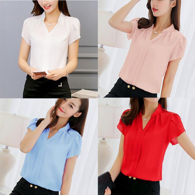 ÁO KIỂU NỮ TAY NGẮN - CỔ ĐỨNG - TRẺ TRUNG CỰC HOT