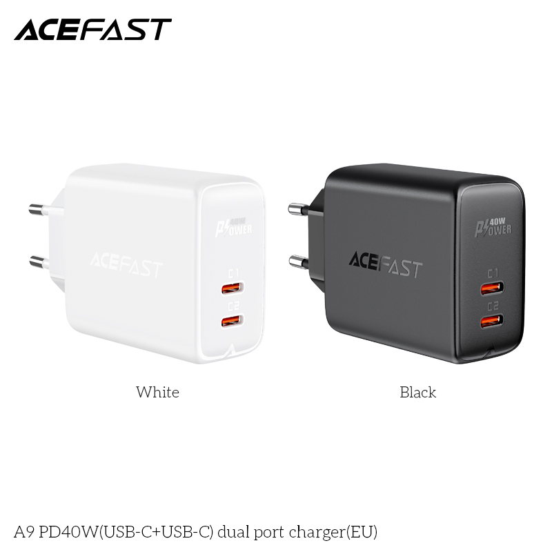 Adapter Sạc Acefast PD 3.0 40W 2 Cổng USB Type-C USB Type-C Chuôi Tròn EU A9 - Hàng Chính Hãng