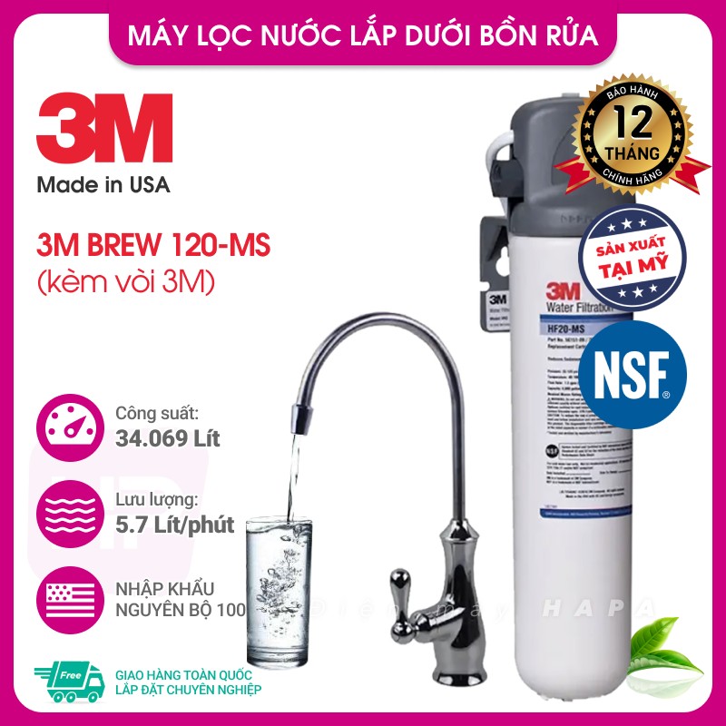 Máy Lọc Nước 3M BREW120-MS Chuẩn Nước Khoáng Uống Trực Tiếp Không Dùng Điện - Nhập Khẩu Mỹ, Hàng Chính Hãng 3M - BREW120MS HF20-MS HF20MS