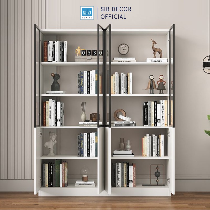 Tủ Sách Gỗ Hiện Đại Kèm Cửa Kính Dài 160cm Rộng 40cm Cao 200cm SIB Decor KS604