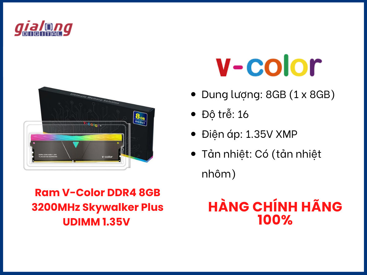 Ram V-Color DDR4 8GB 3200MHz Skywalker Plus UDIMM 1.35V - Hàng chính hãng