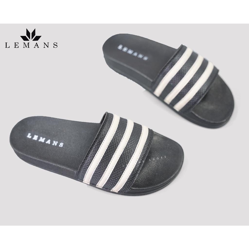 Dép Slipper Slides LEMANS Nam Nữ sọc đen trắng Da Bò. Đế Cao su đúc độc quyền, Đế Siêu Nhẹ &amp; Êm Cao 2,5cm. Bảo hành 06 tháng