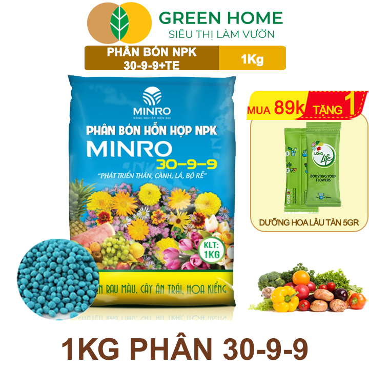 Phân NPK 30-9-9 +TE Greenhome, Minro, Bao 1Kg, Phát Triển Nhanh Thân, Cành, Lá, Bộ Rễ